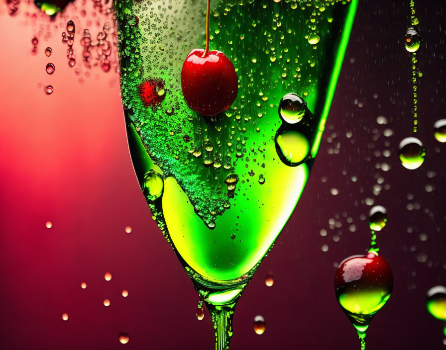 Close-up Image: Vibrant Cherry in Green Liquid with Droplets