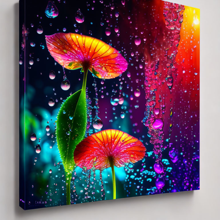 Colorful flowers with water droplets on rainbow background canvas print