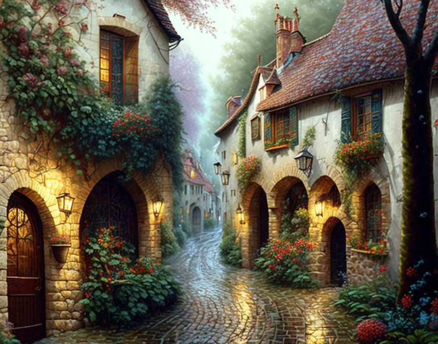 Quaint cobblestone street with old-world houses, ivy walls, flowers, lanterns