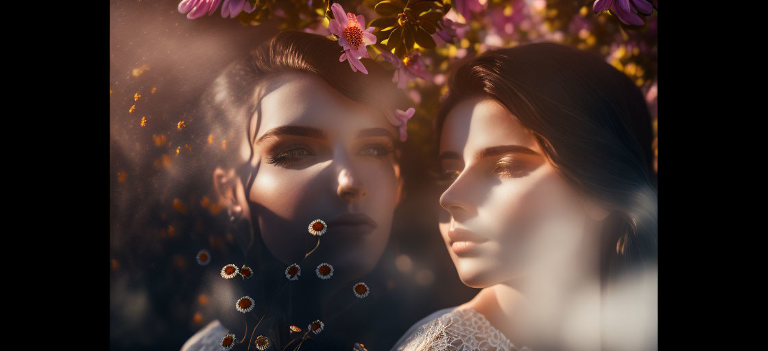 Two women's faces close together with floral overlay in golden light.