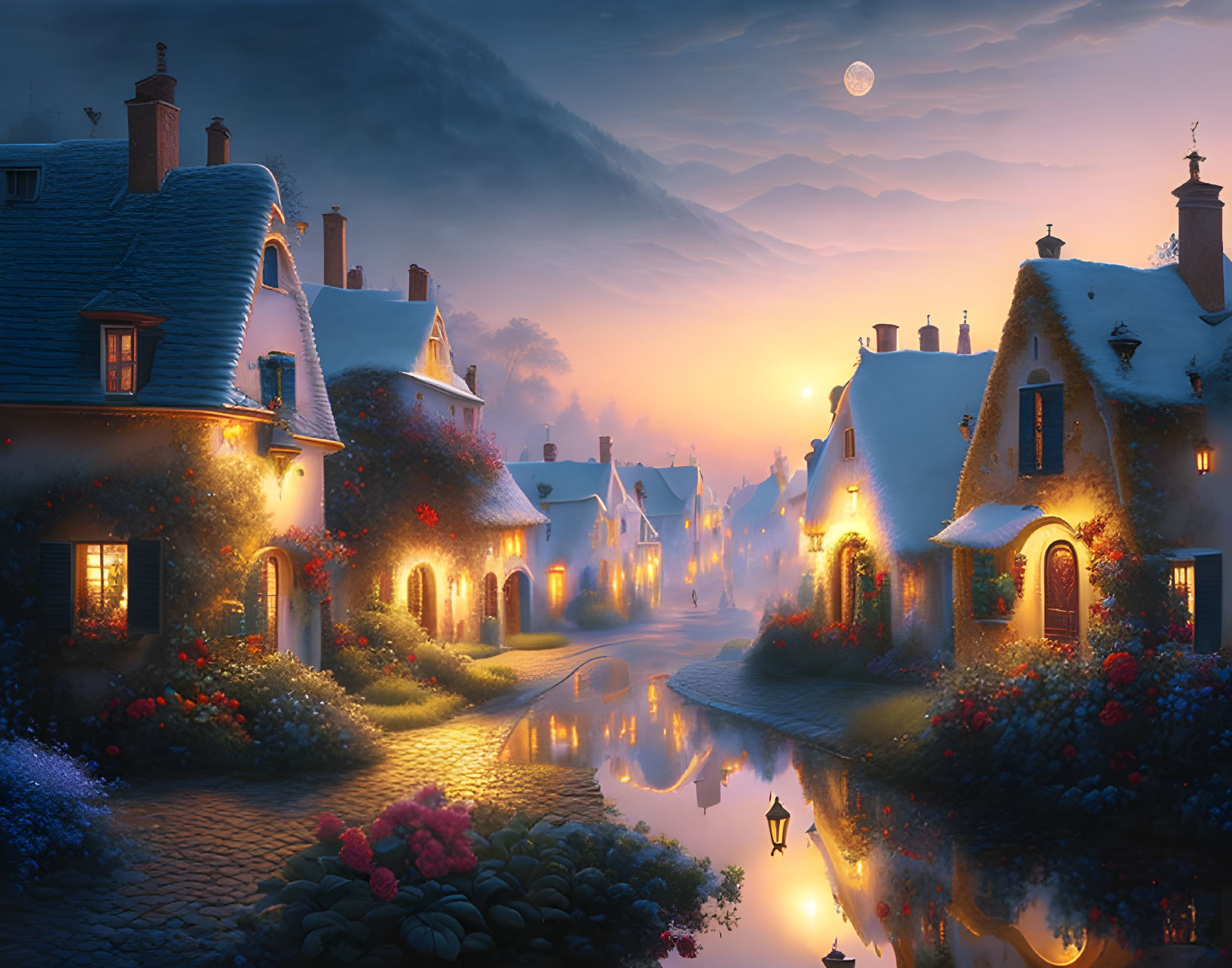 Tranquil village scene: Thatched cottages, calm waterway, moonlit sky