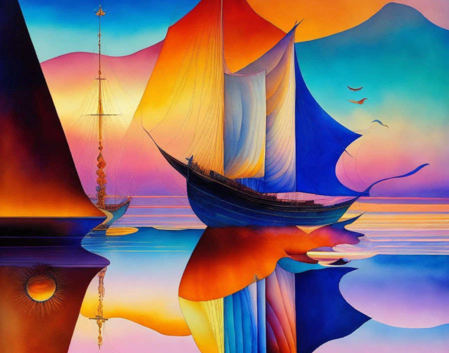 Colorful Sailing Boat Painting with Mountains and Sunset Sky