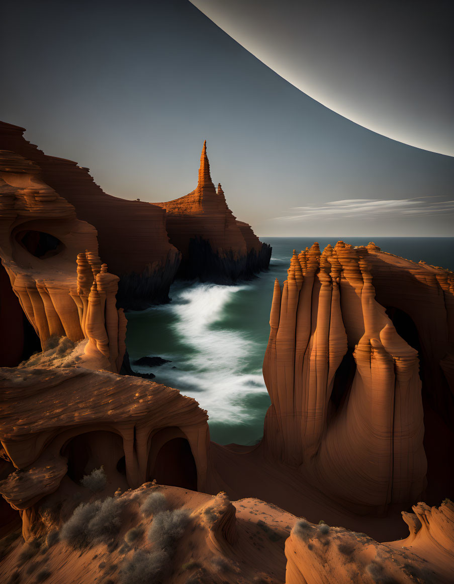 Sandstone towers and turbulent sea under crescent shadow