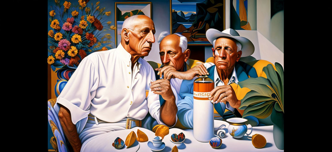 Three older men at table with coffee pot, surrounded by floral arrangements and geometric patterns