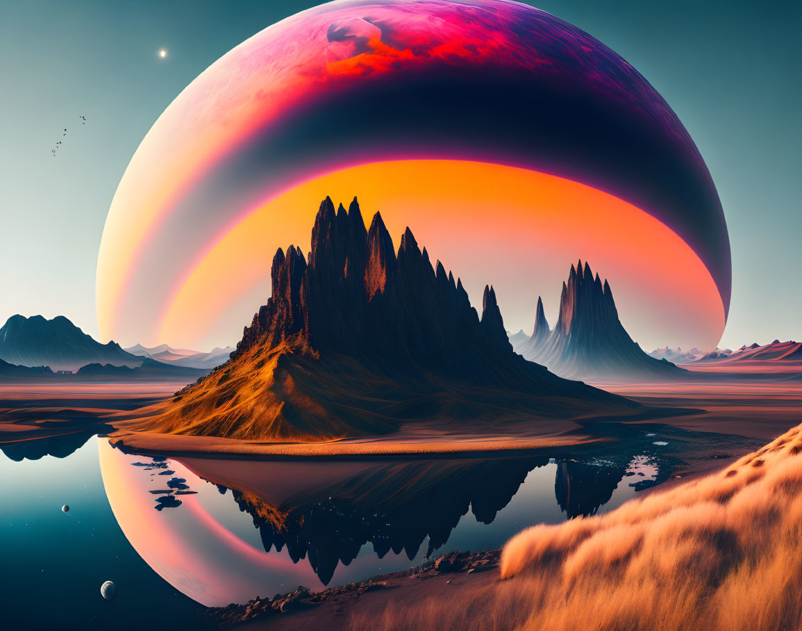 Vibrant mountains, reflective water & celestial bodies in surreal landscape