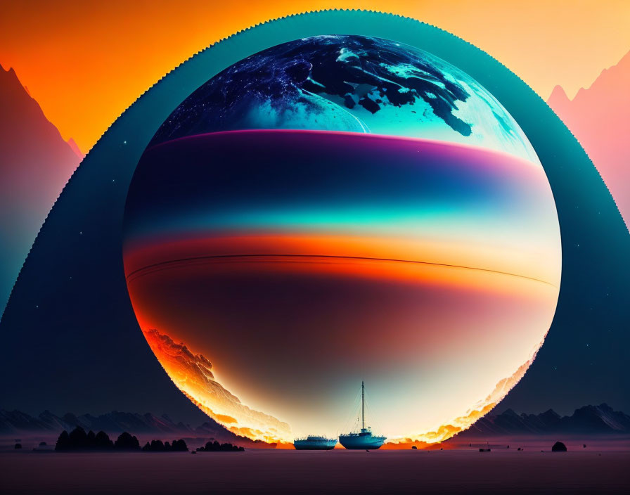 Colorful surreal landscape with ship in desert and inverted Earth in vibrant sky