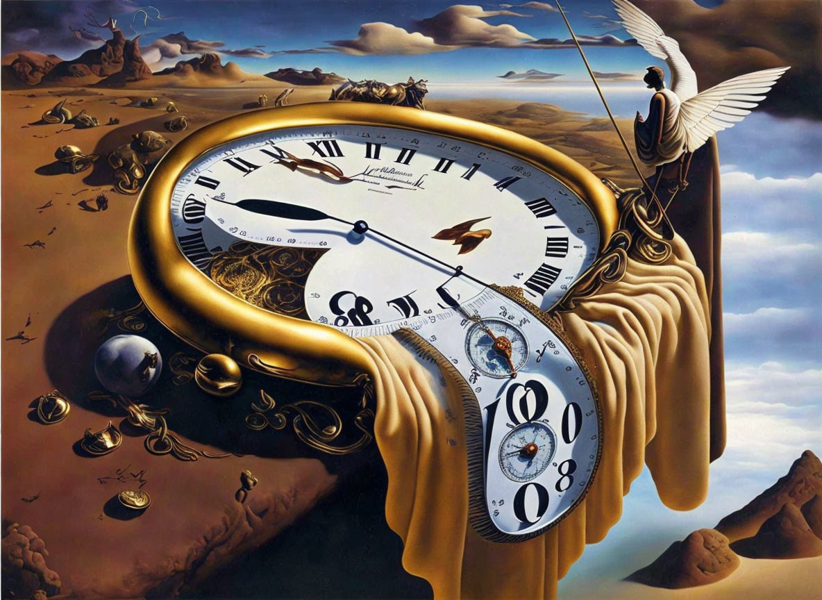 Surreal painting of melting clock on tree branch with floating watches & distorted landscapes