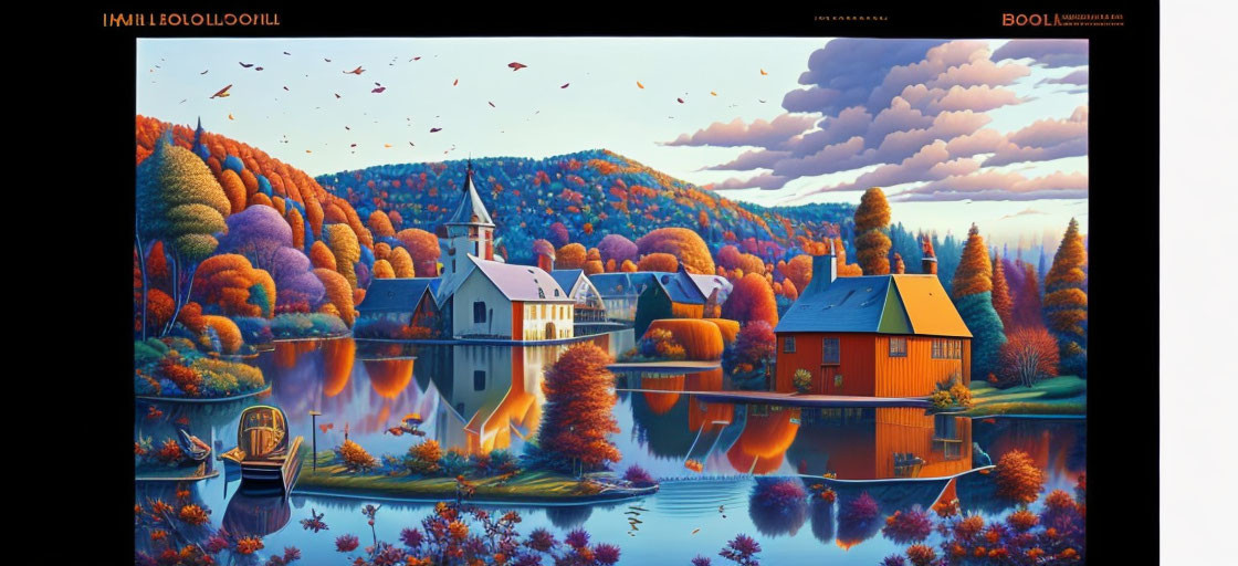 Colorful autumn scene with trees, lake, church, house, boat, and falling leaves