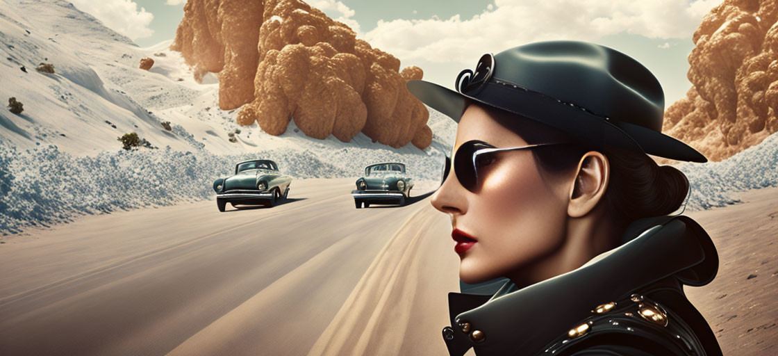 Fashionable woman in sunglasses and hat watches vintage cars on scenic snowy mountain road