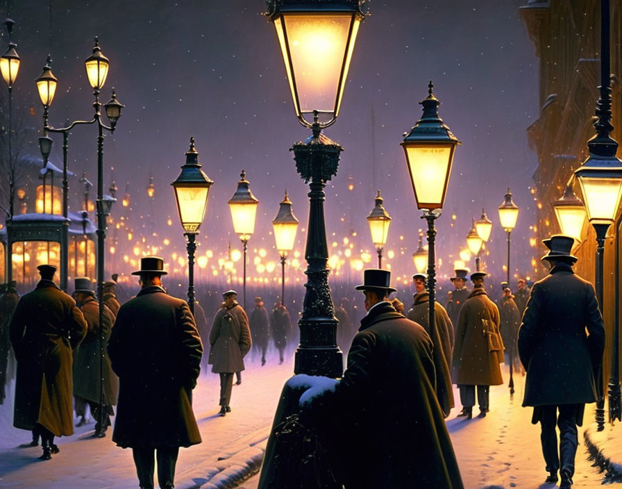 Vintage clothing in snowy evening street scene