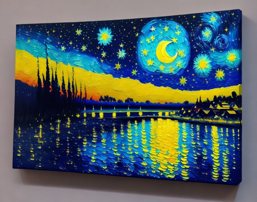 Starry Night Sky Canvas Painting with Moon and Reflections