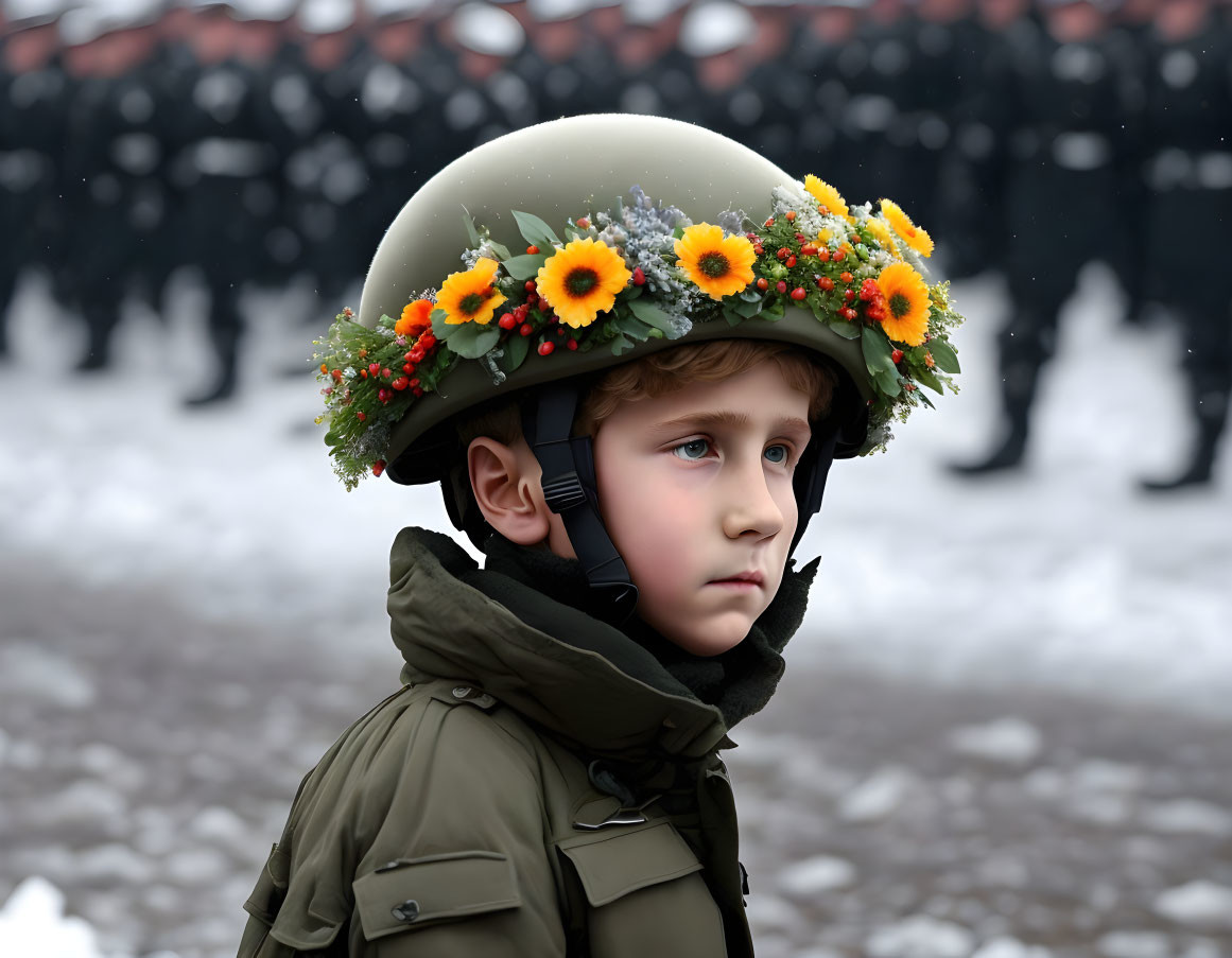 Young child in military helmet with flower wreath, surrounded by blurred uniformed personnel