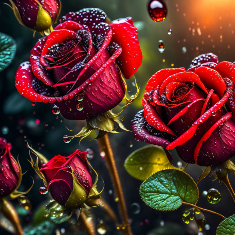 Fresh red roses with dewdrops on textured petals and leaves against a soft background.