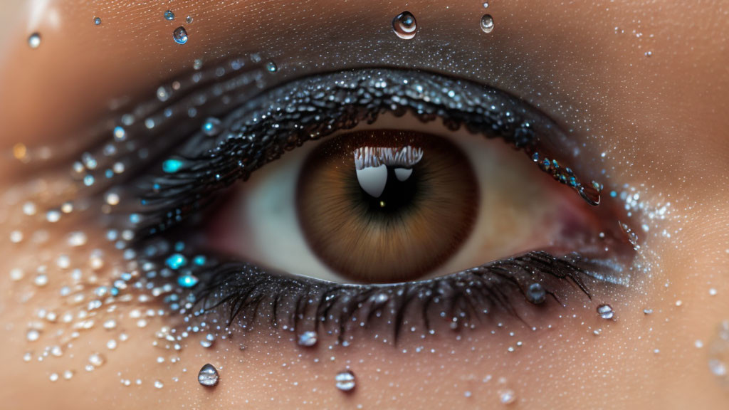 Detailed Close-Up of Hazel Eye with Eyeliner and Mascara Sparkling with Water Droplets