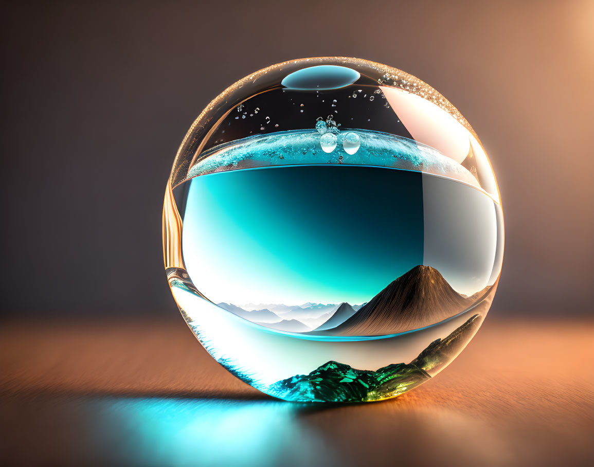 Miniature landscape scene in crystal sphere with blue skies and mountains