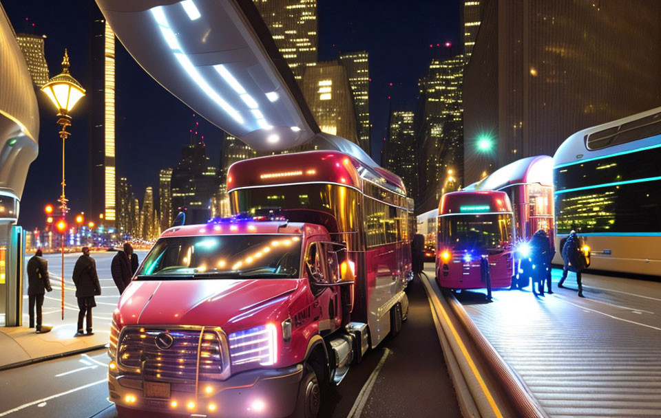 City Street at Night with Buses, Tow Truck, Pedestrians, and Skyscrapers