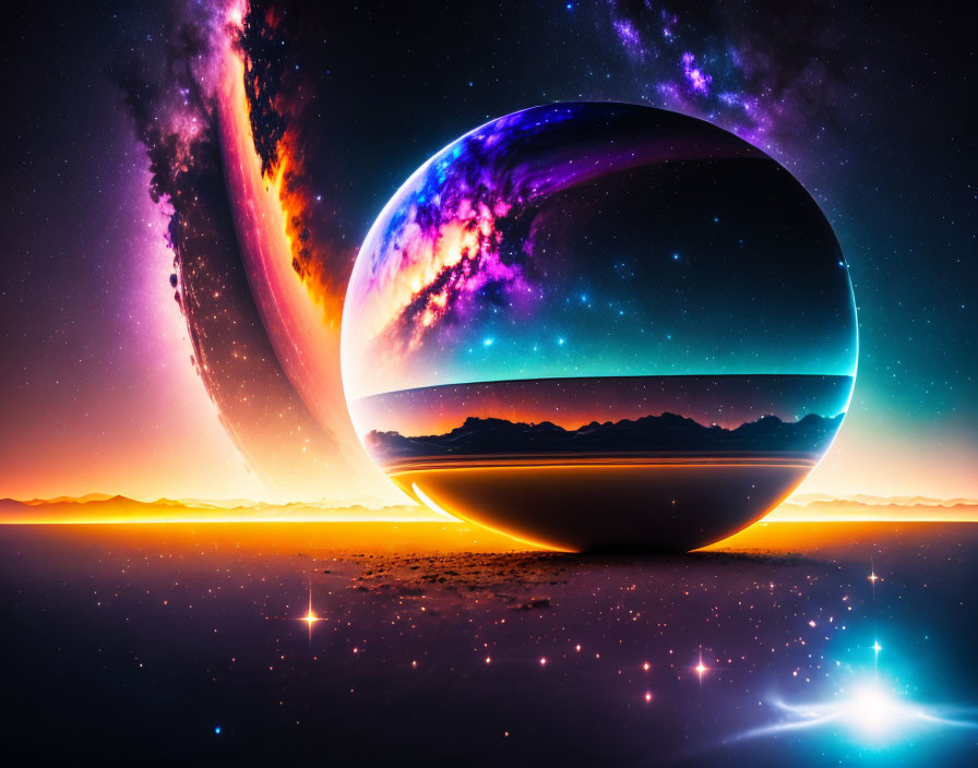 Surreal landscape with reflective sphere under starry sky