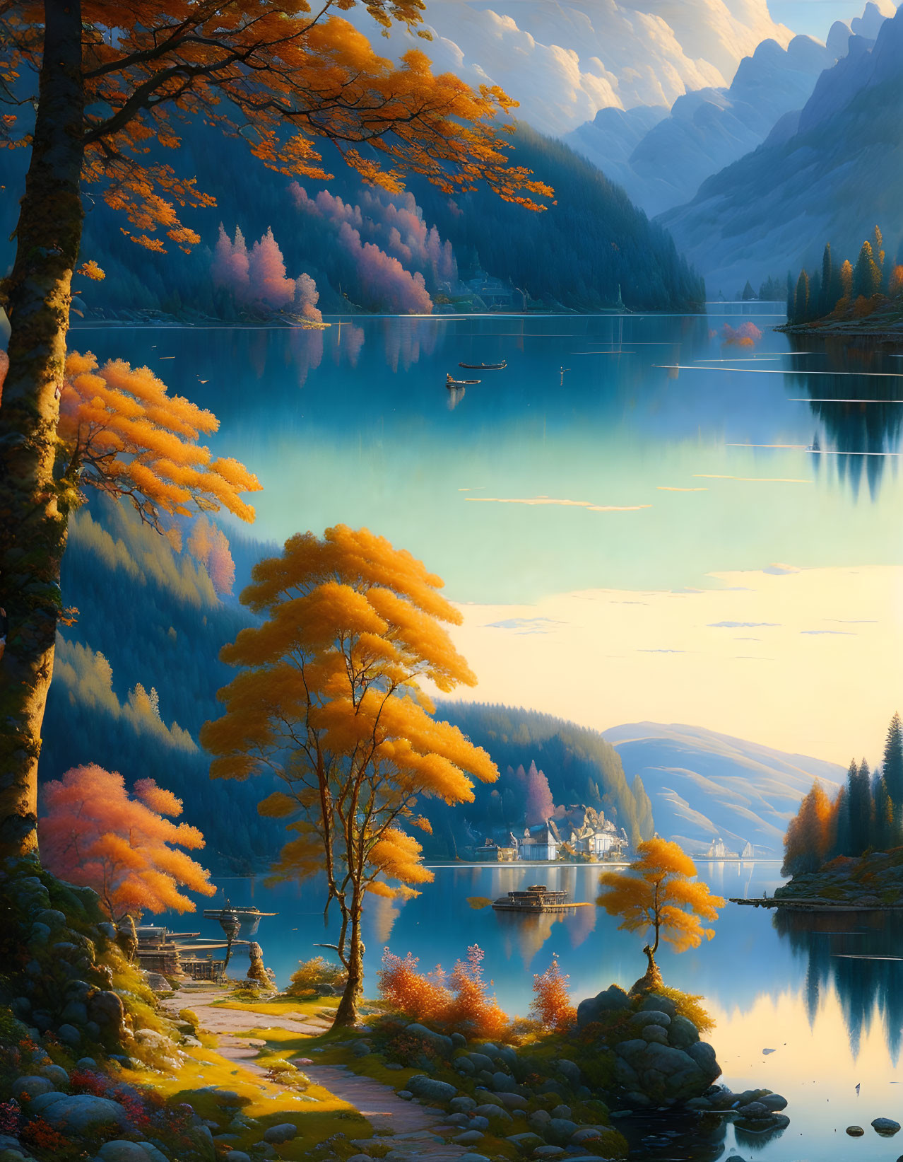 Tranquil autumn scene: golden foliage, reflective lake, distant village, solitary boat.