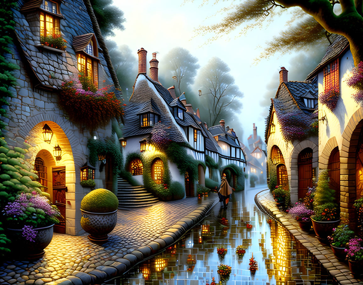 Quaint cobblestone street with ivy-clad houses and lit lamps at twilight