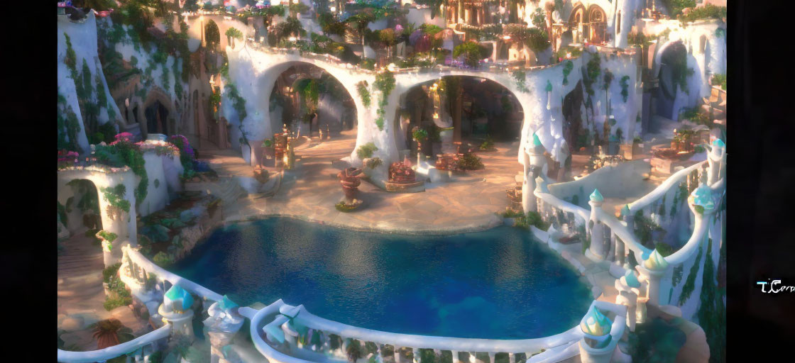 Fantastical cityscape with white arches, gardens, and pool at sunset