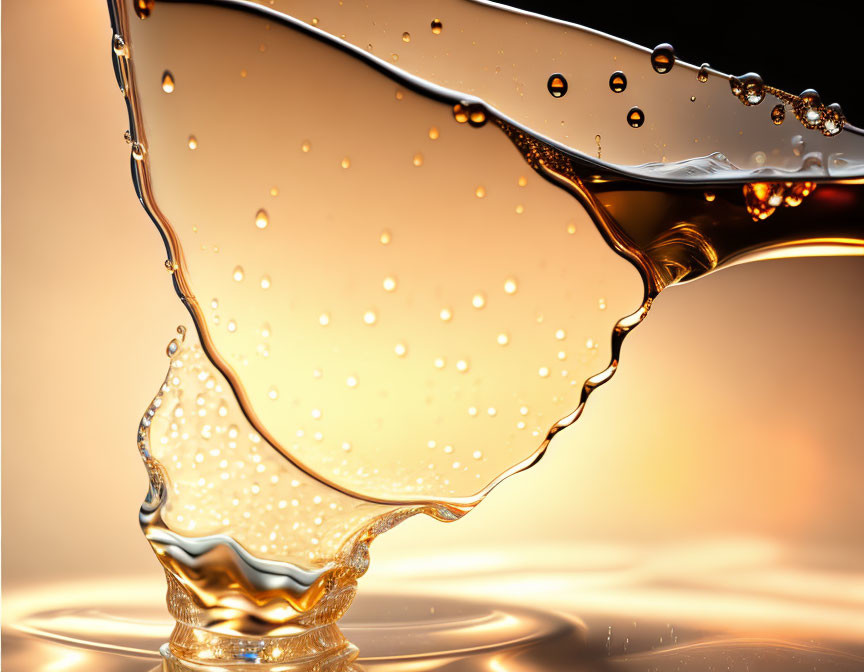 Liquid splash with golden hues and suspended droplets on warm backdrop