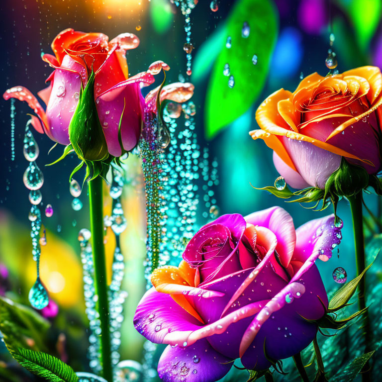 Colorful Roses with Water Droplets in Rain Simulation on Bokeh Background