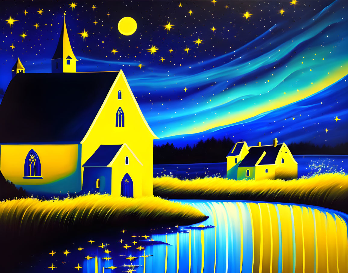 Vivid Night Scene Painting with Yellow Church and Starry Sky