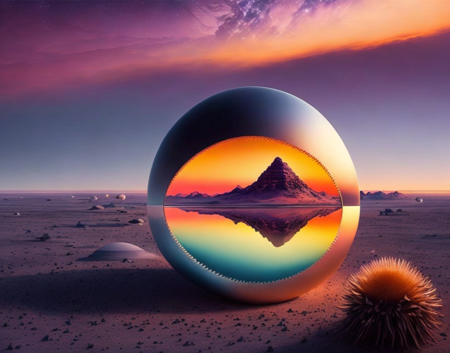 Surreal landscape with reflective sphere and mountain reflection at sunset