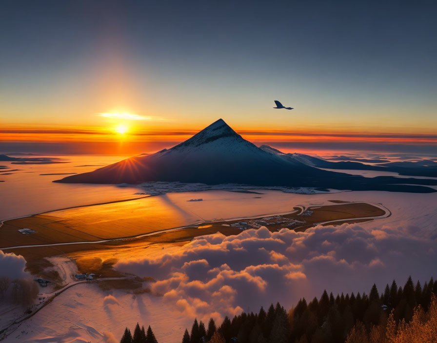 Snow-capped mountain sunrise with bird, clouds, and glowing fields