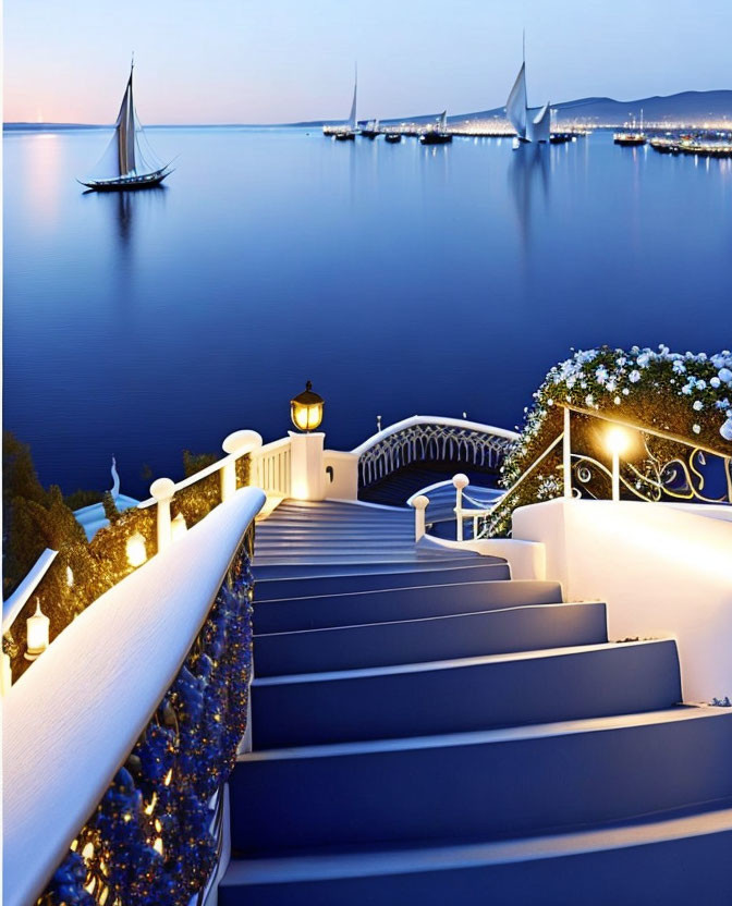 Twilight white stairway overlooking serene sea with sailboats