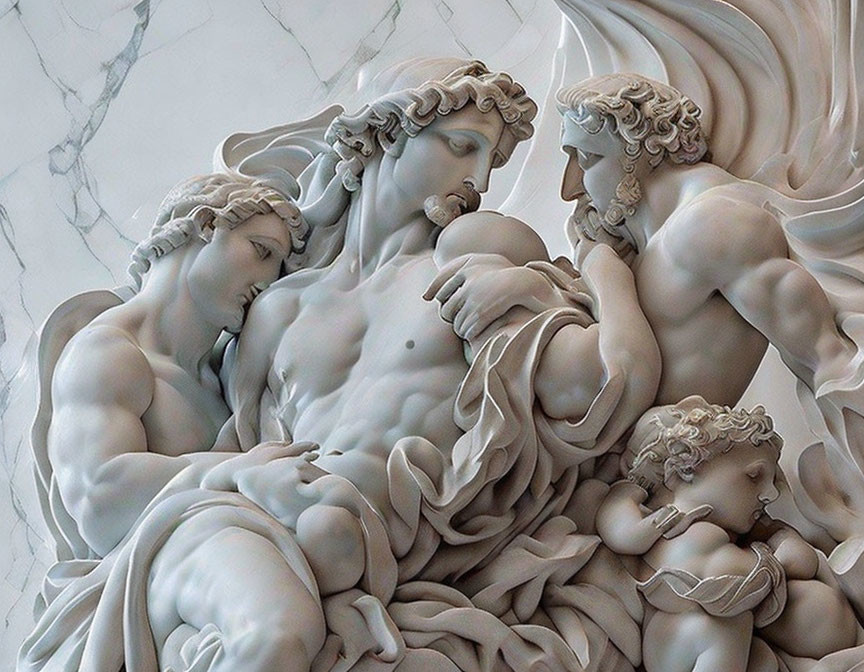 Detailed marble sculpture of figures in flowing drapery and expressive poses, hinting at mythological or