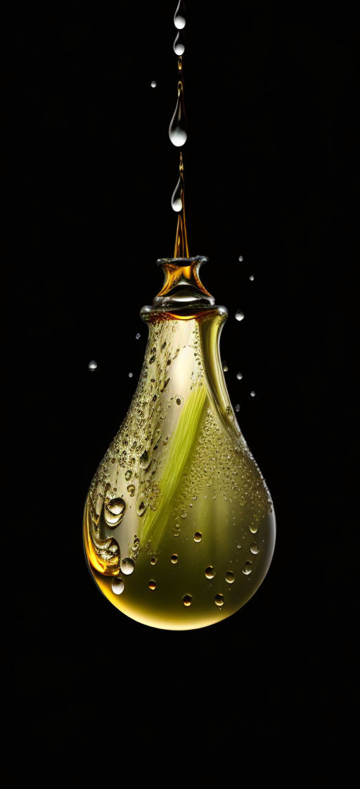 Liquid droplet resembling light bulb with bubbles on dark background