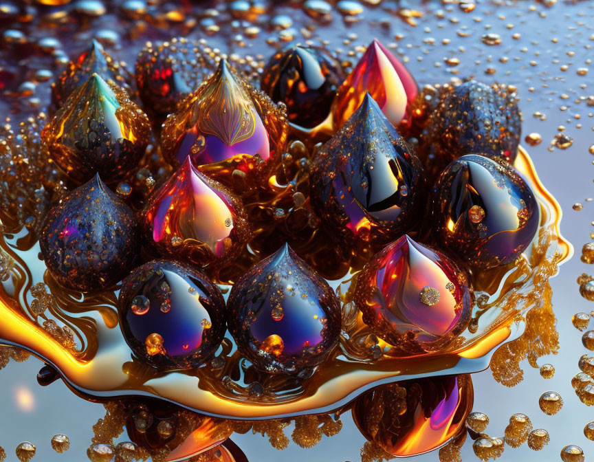 Vibrant liquid droplets with intricate patterns on shiny surface