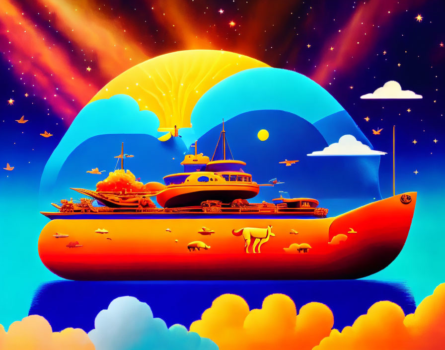 Colorful Floating Island with Animals, Trees, and Buildings in Surreal Setting