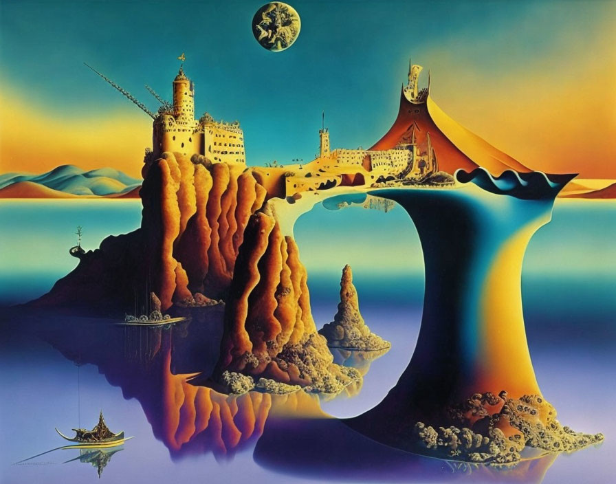 Surreal landscape with castle on flowing rock formation over blue-orange waters