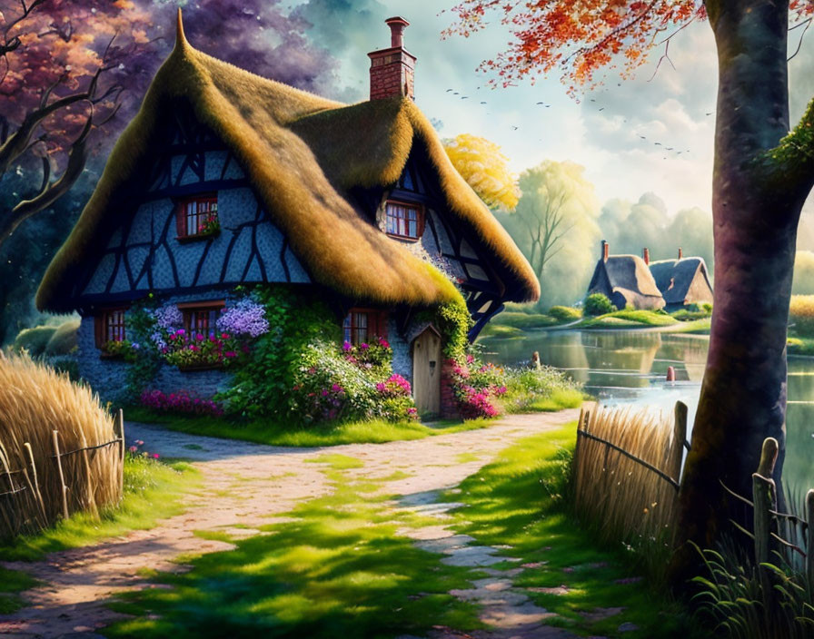 Thatched-roof cottage with colorful flowers by serene river