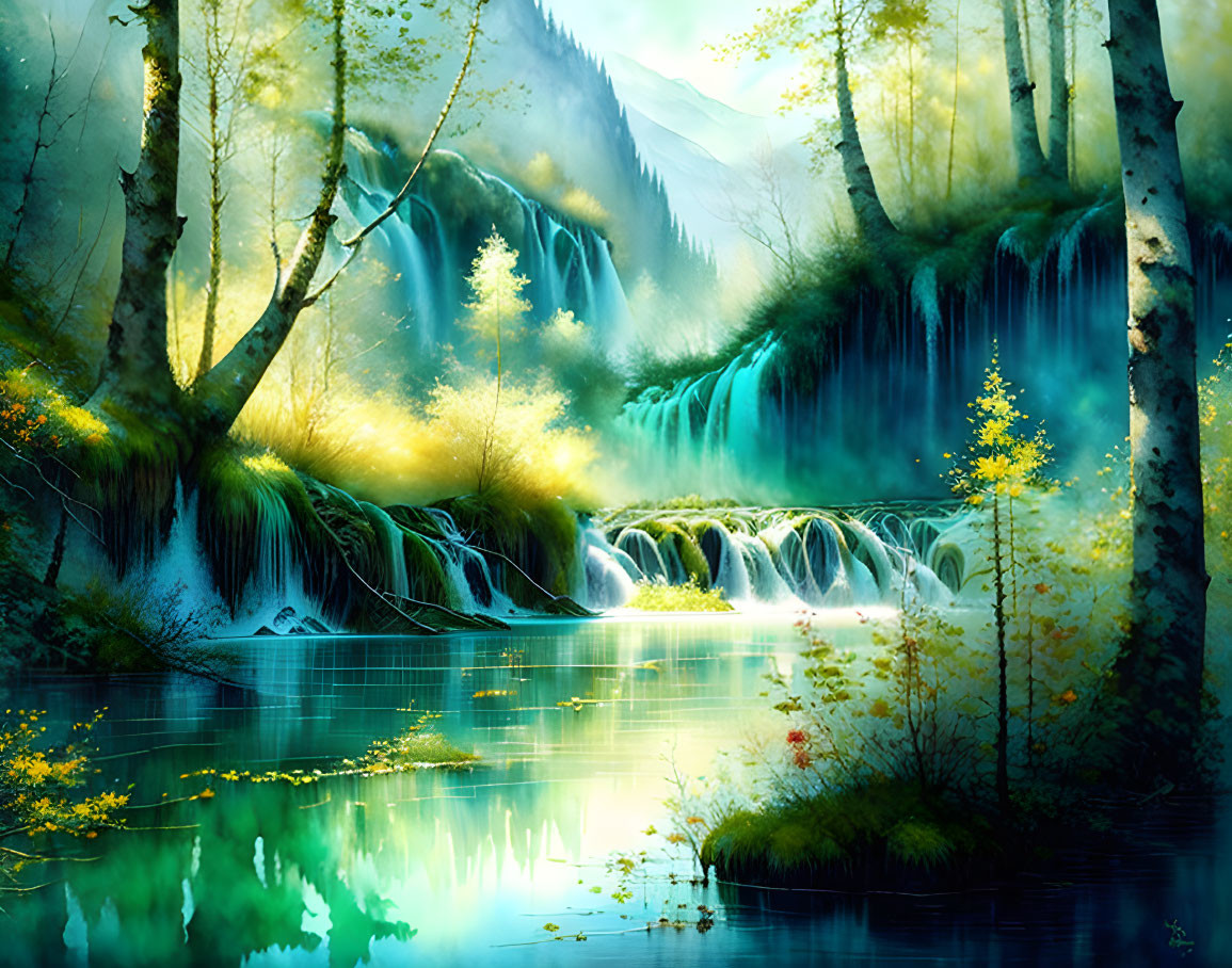 Lush enchanted forest with waterfalls, lake, sunlight, and vibrant foliage