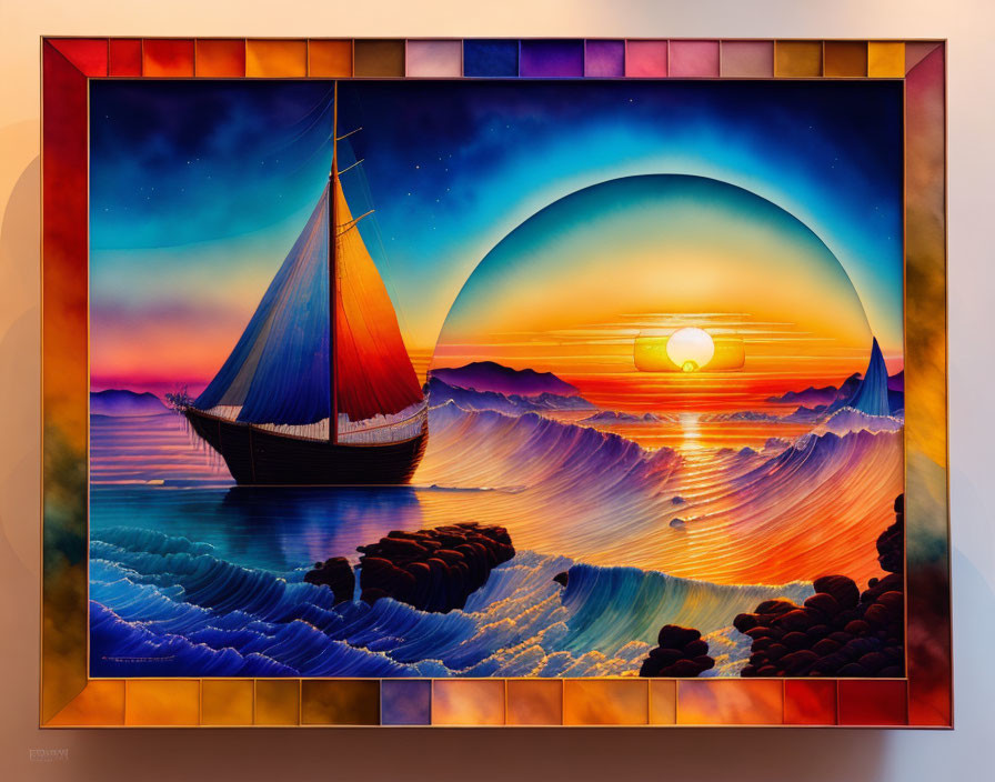 Sailboat painting with vibrant colors on tranquil waters at sunset