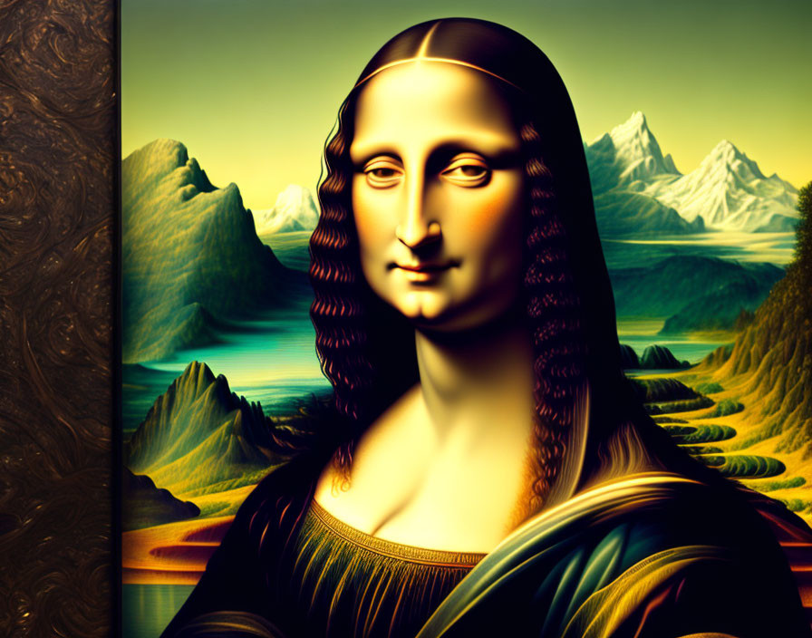 Exaggerated features on Mona Lisa in surreal landscape