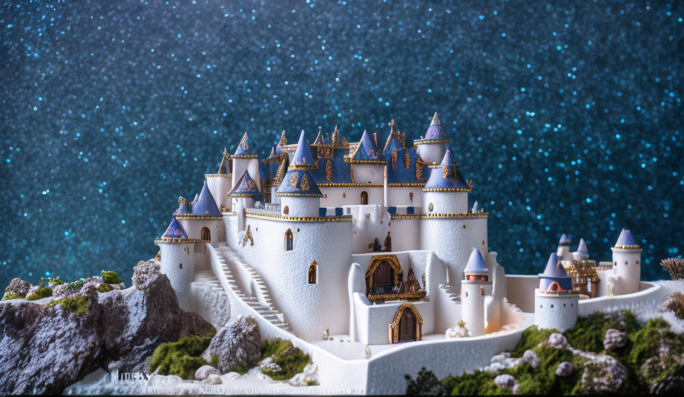 Miniature fantasy castle with blue rooftops on sparkling night sky background