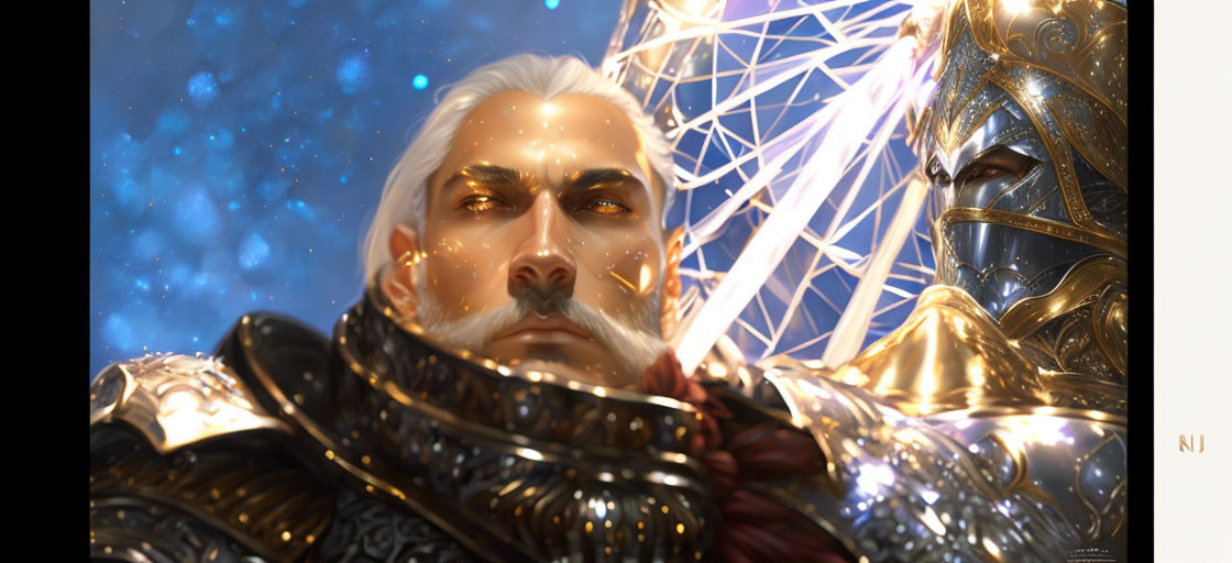 Regal man with white hair in golden armor on cosmic background