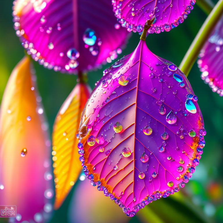 Shimmering purple leaves with water droplets on blurred background