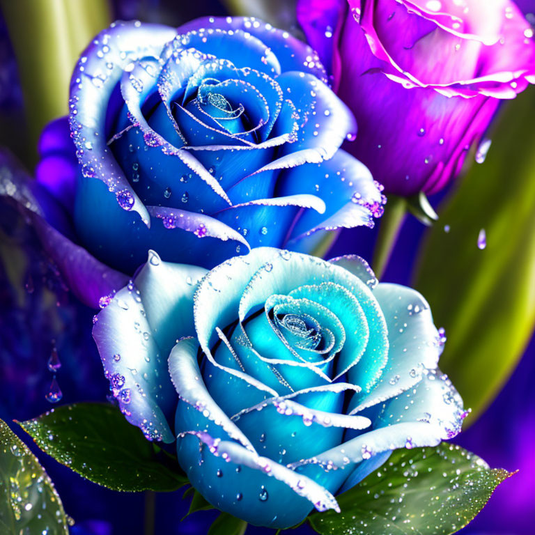 Bright Blue Roses with Dew Drops on Purple Background and Green Foliage