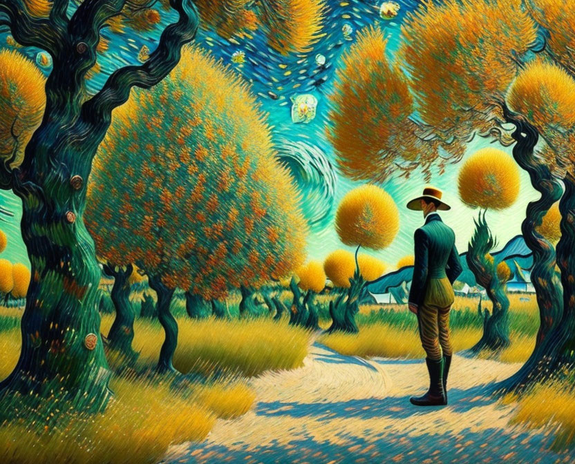 Person in hat on path surrounded by vibrant, stylized trees under starry sky