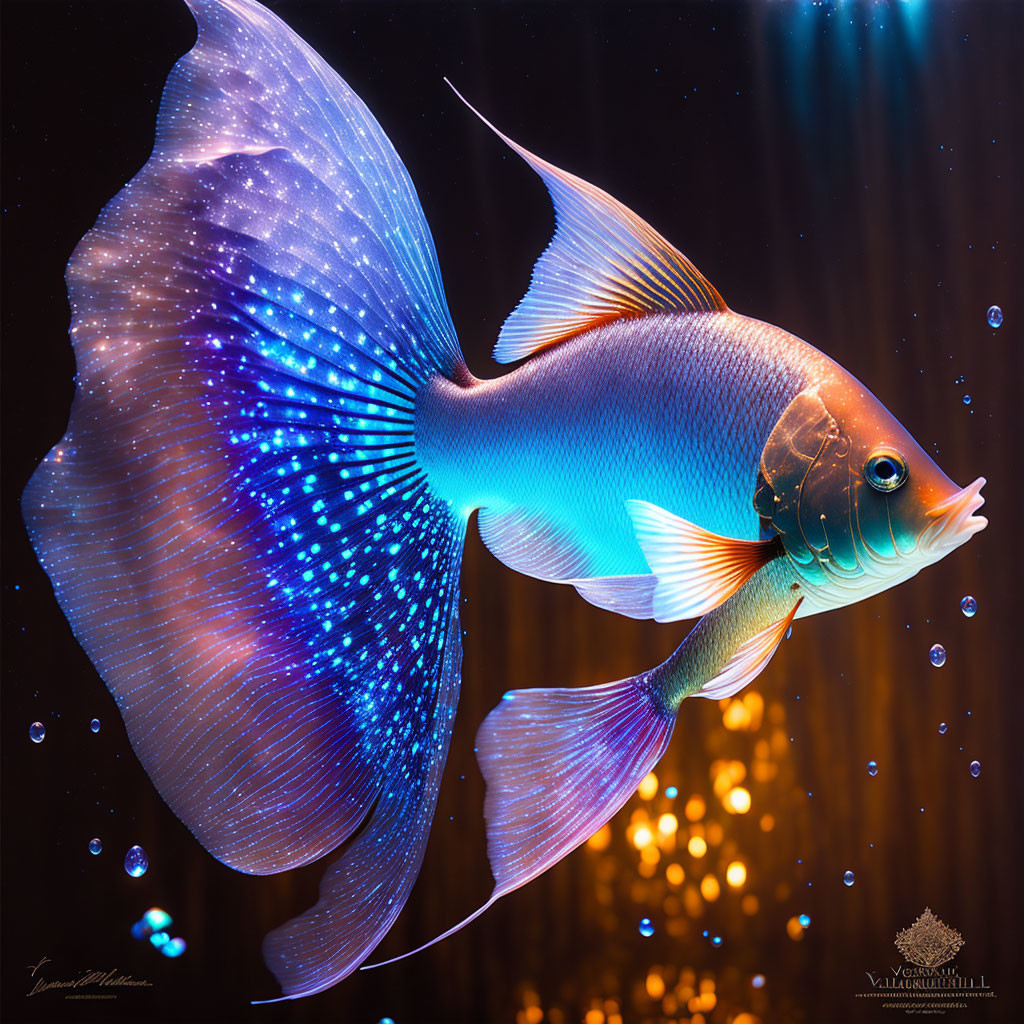 Vibrant goldfish with translucent fins in a sparkling blue and gold underwater scene