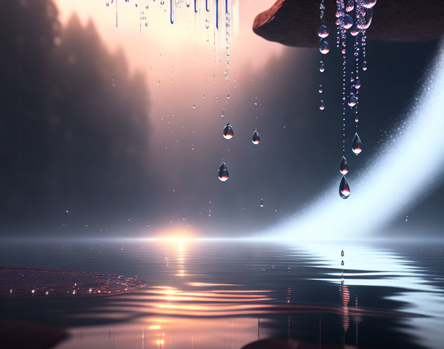 Serene lake scene with water droplets falling from rocky surface