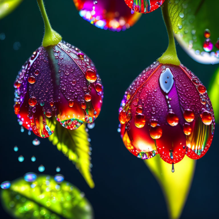 Colorful Flowers with Dewdrops on Dark Background