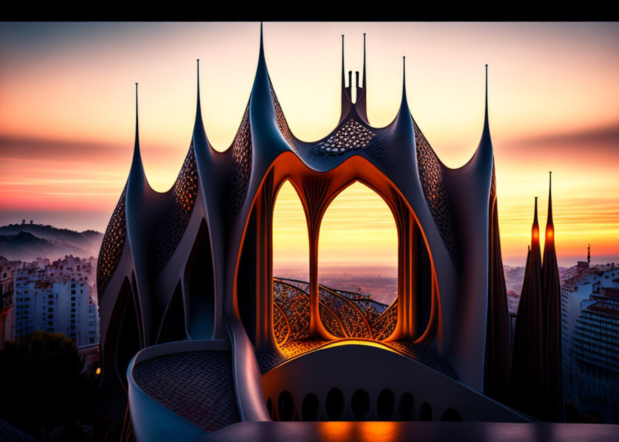 Architectural design: Futuristic pointed arches on building facade at sunset