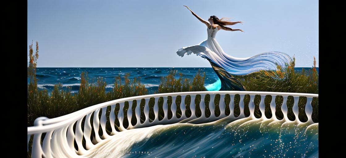 Woman in flowing white dress merges with wave-like balcony overlooking serene sea