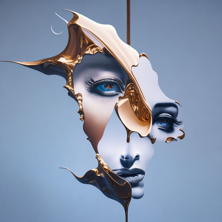 Fragmented Female Face with Golden Elements on Blue Background